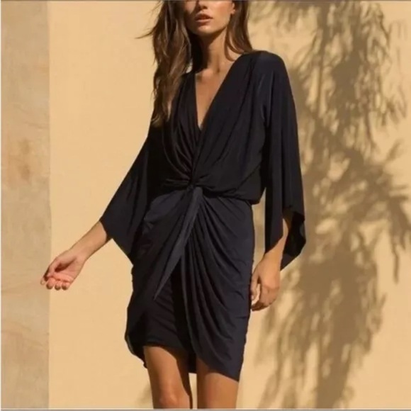 MISA Los Angeles Teget Dress Twist Front V-Neck Draped Sleeve Black Sz XS Party - Picture 2 of 5